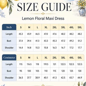 May include: A size guide chart for a Lemon Floral Maxi Dress by ByZaynCo. The chart displays length, bust, and shoulder measurements in inches and centimeters for sizes S through 5XL. It includes a note about a 1-2 cm manual measurement variation.