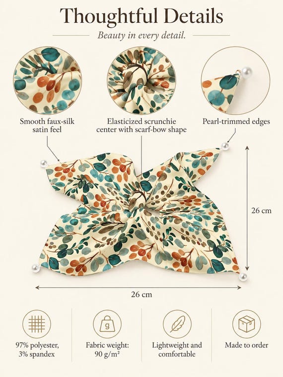 Botanical Berry Bow Scrunchie, Floral Satin Hair Scarf, Boho Summer Accessory