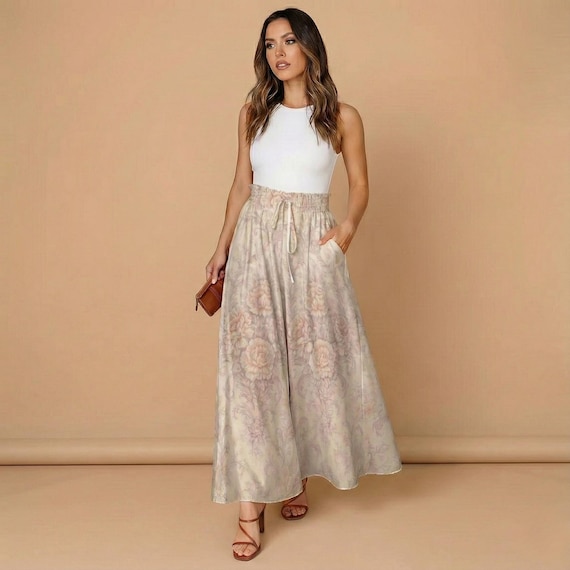 Vintage Floral Wide Leg Pants, Beige Boho Palazzo Trousers, Cottagecore Summer Clothing, High Waiste