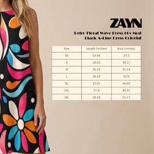 Puede incluir: Vestido negro de l&iacute;nea A con un dise&ntilde;o floral retro en naranja, rosa y blanco. El vestido es sin mangas y presenta una tabla de tallas con medidas en cent&iacute;metros. El texto de la imagen dice "ZAYN Retro Floral Wave Dress 60s Mod Black A-Line Dress Colorful."