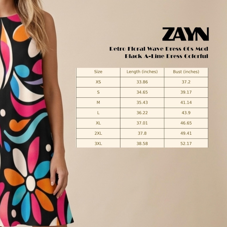 Puede incluir: Vestido negro de l&iacute;nea A con un dise&ntilde;o floral retro en naranja, rosa y blanco. El vestido es sin mangas y presenta una tabla de tallas con medidas en cent&iacute;metros. El texto de la imagen dice "ZAYN Retro Floral Wave Dress 60s Mod Black A-Line Dress Colorful."
