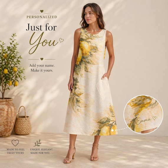 Personalized Lemon Midi Dress, Custom Name A-Line Summer Vacation Outfit