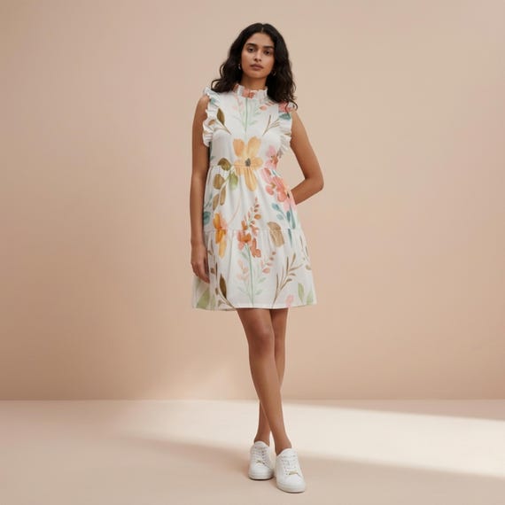 Floral Ruffle Mini Dress, Sleeveless Summer Party Dress, Feminine Style