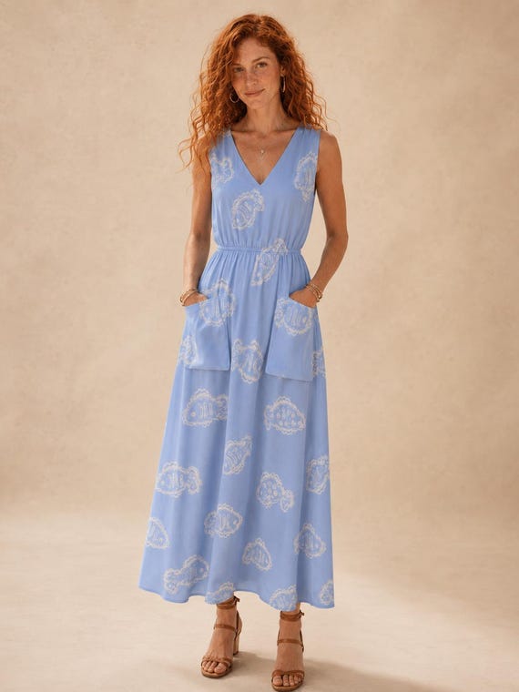 Blue Fish Print Maxi Dress with Pockets, Sleeveless V-Neck Coastal Resort Dress