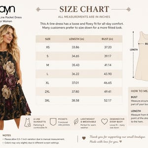 May include: A size chart for a floral A-line pocket dress by Zayn. The chart lists lengths and bust measurements in inches for sizes XS through 3XL. It includes a diagram showing how to measure bust and length, along with notes on fit and variations.
