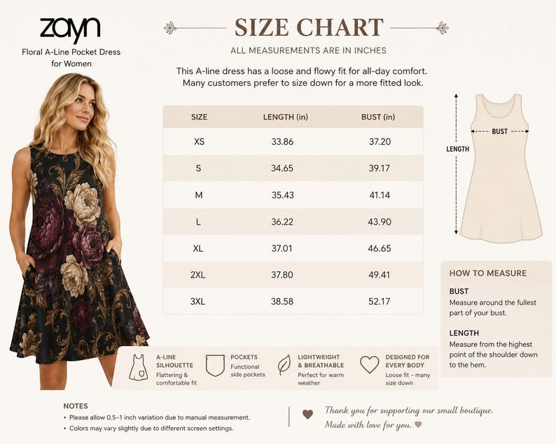 May include: A size chart for a floral A-line pocket dress by Zayn. The chart lists lengths and bust measurements in inches for sizes XS through 3XL. It includes a diagram showing how to measure bust and length, along with notes on fit and variations.