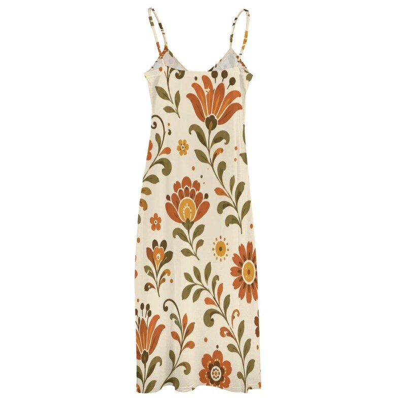 Retro Floral Maxi Dress, 70s Folk Art Spaghetti Strap Resort Wear zdjęcie 13