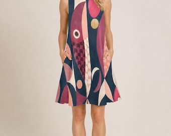 Pink Mid Century Fish Dress, Sleeveless A-Line Pocket Dress, 60s Mod Geometric Print