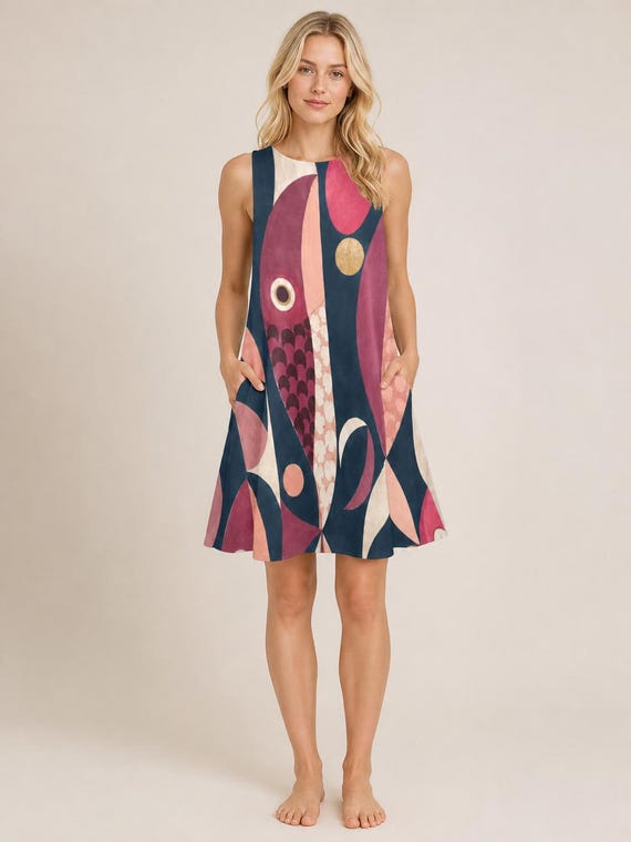 Pink Mid Century Fish Dress, Sleeveless A-Line Pocket Dress, 60s Mod Geometric Print