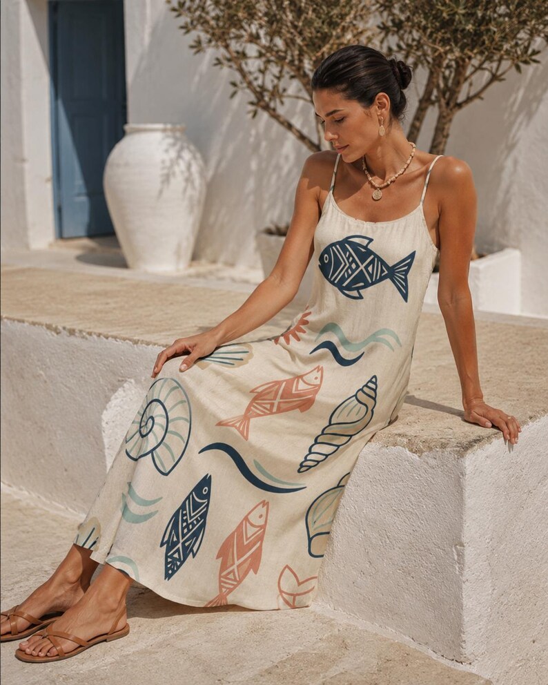 May include: A beige sleeveless midi dress featuring thin spaghetti straps and a repeating pattern of stylized fish, seashells, and wave motifs in shades of navy blue, light blue, and terracotta orange printed across the fabric.