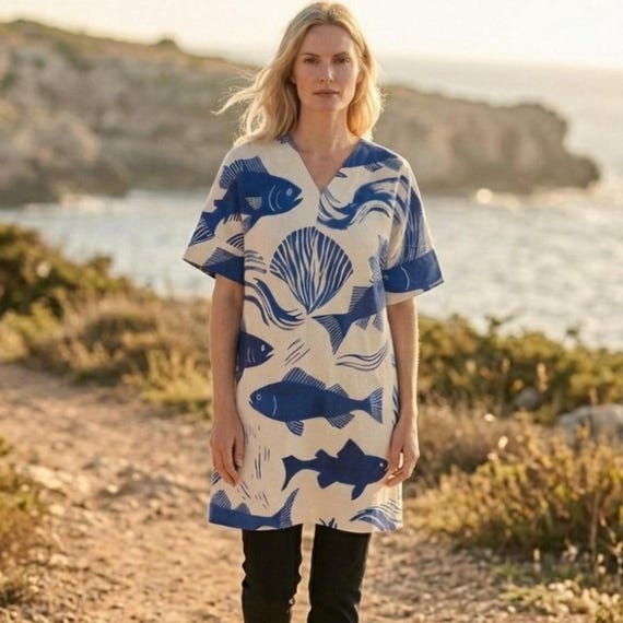 Coastal Fish Print Tunic Dress: Relaxed V-Neck Loose Fit Summer Style