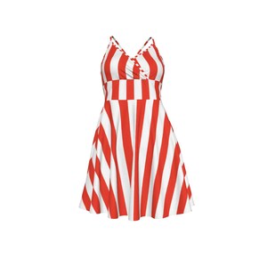 Red White Cabana Stripe Cami Dress, V-Neck Cross Strap Resort Wear image 12
