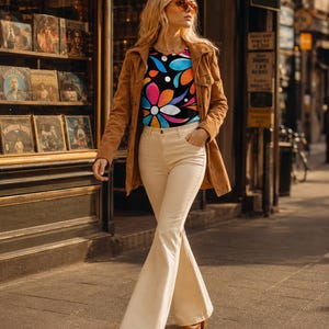Retro Floral Cotton T-Shirt, Colorful Mod Flower Graphic Tee, Psychedelic Summer Top image 10