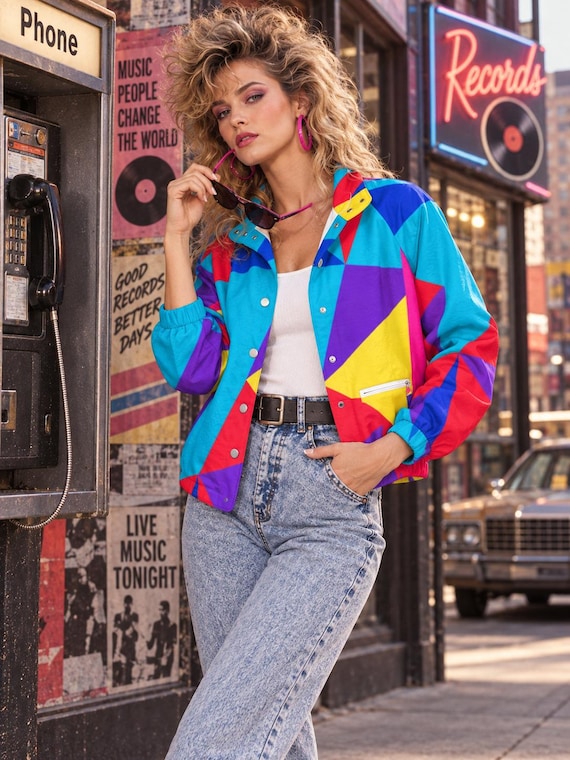 80s Color Block Fleece Jacket for Women, Retro Geometric Statement Outerwear