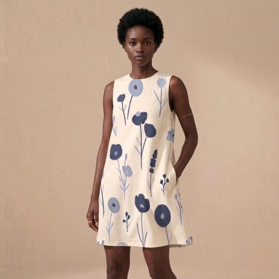 Blue Floral Sleeveless A-Line Mini Dress with Pockets, Relaxed Fit