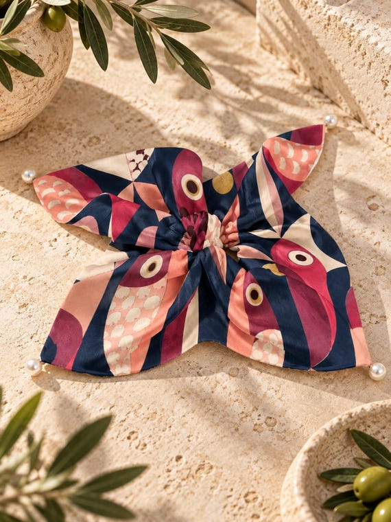 Navy Rust Abstract Bow Scrunchie, Satin Hair Scarf, Coastal Modern Accessory