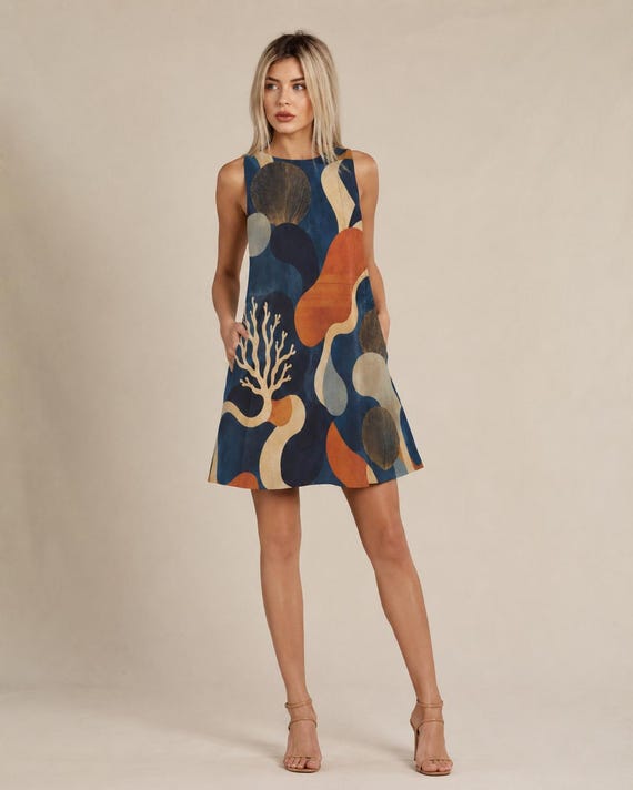 Abstract A-Line Mini Dress with Pockets, Navy Rust Coastal Print