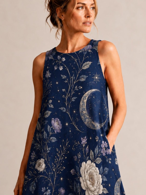 Celestial Moon Dress With Pockets, Navy Floral A-Line Cottagecore Mystic Garden Dress