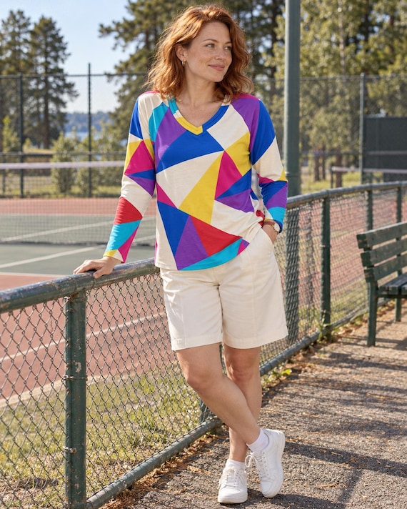 Colorful Geometric V-Neck Long Sleeve Blouse, Abstract Print