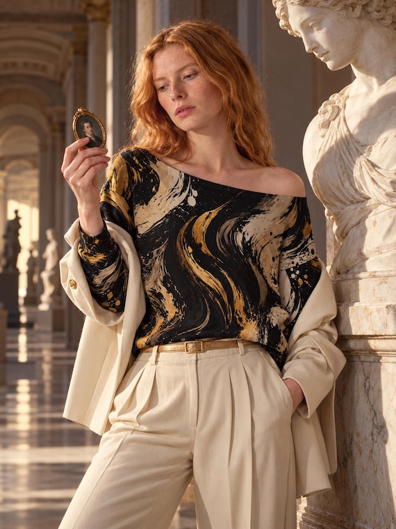 Black Gold Marble Off Shoulder Sweatshirt, Artistic Abstract Women's Slouchy Long Sleeve Top