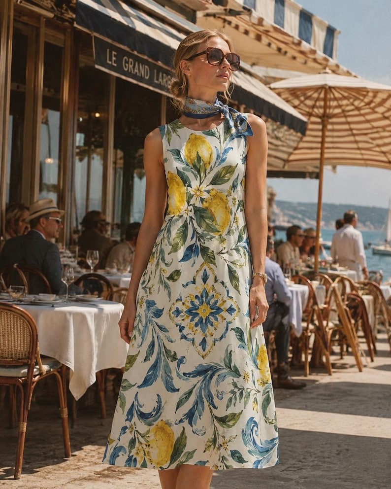 May include: A sleeveless midi dress featuring a white base with a vibrant print of yellow lemons, green leaves, and blue and yellow decorative tile patterns. The dress has a round neckline and is paired with a matching patterned neck scarf.