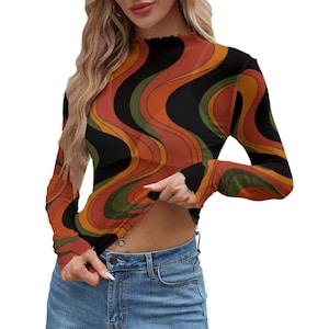 70s Retro Swirl Mesh Top, Sheer Long Sleeve Mock Neck Shirt, Orange Abstract Festival Top, Night Out Layering Top image 13