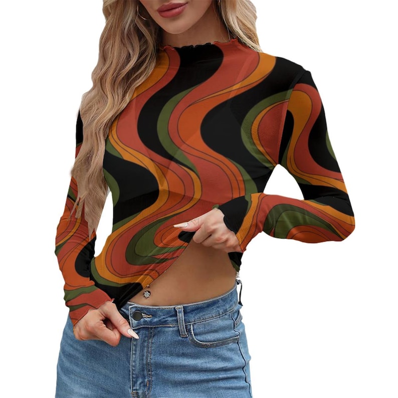 70s Retro Swirl Mesh Top, Sheer Long Sleeve Mock Neck Shirt, Orange Abstract Festival Top, Night Out Layering Top image 13