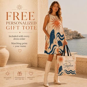 A woman in a cream-colored mini dress with a sun and fish print, holding a matching tote bag, with text "FREE PERSONALIZED GIFT TOTE" on the left.