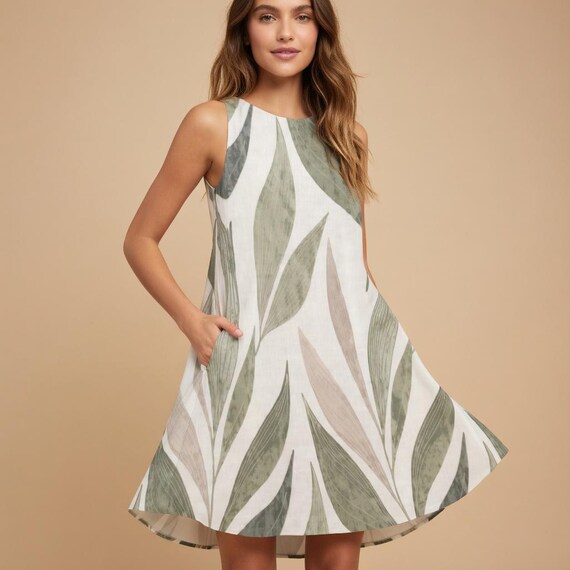 Women's Leaf Print A-Line Mini Dress with Pockets – Sleeveless Summer Vacation Outfit