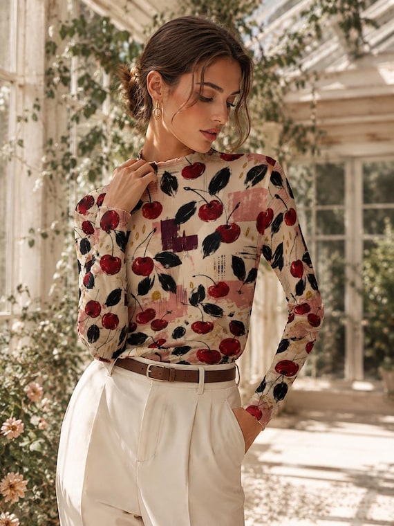 Cherry Print Mesh Top, Sheer Long Sleeve Mock Neck, Retro Y2K Artwear