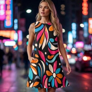 Minivestido floral holgado con bolsillos, sin mangas, estilo retro, ideal para vacaciones de verano. imagen 2