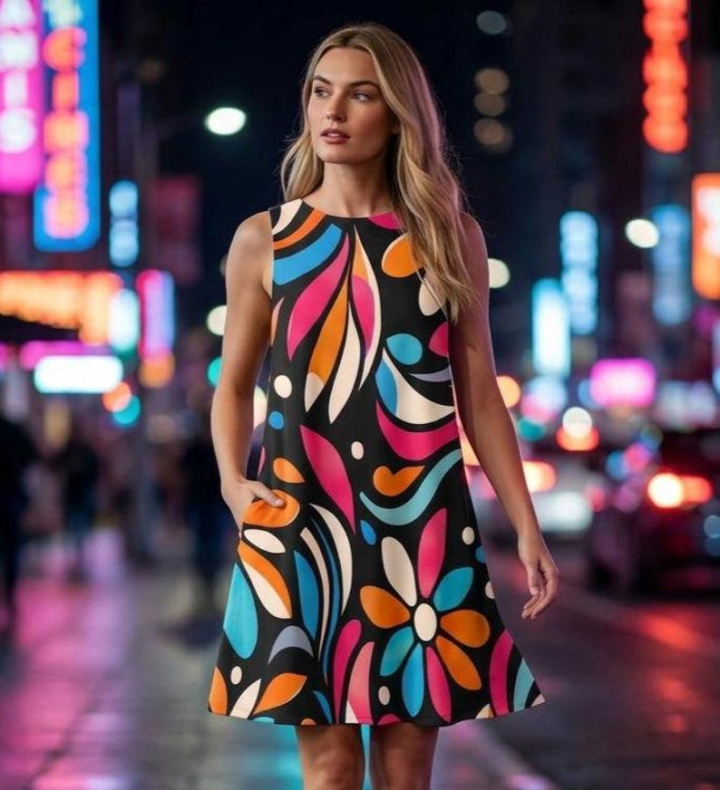 Minivestido floral holgado con bolsillos, sin mangas, estilo retro, ideal para vacaciones de verano. imagen 2