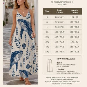 A size chart for a dress with measurements in bust and length, in centimeters and inches, next to a woman wearing a blue whale-print dress.