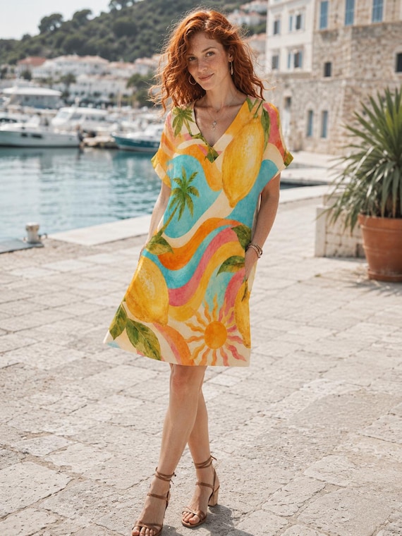 Mediterranean Lemon Print Shift Dress, V-Neck Short-Sleeve Mini