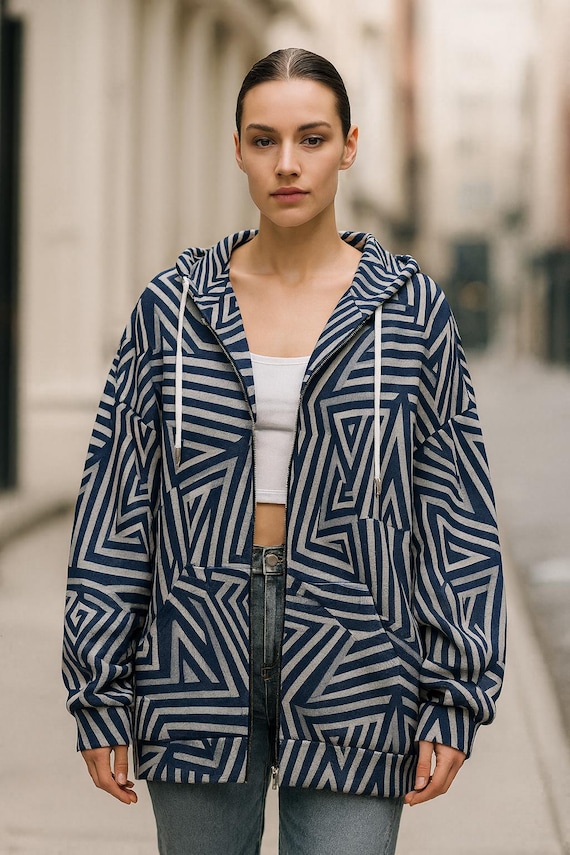 Navy Geometric Maze Oversized Zip Hoodie | Abstract Pattern Jacket | Quiet Luxury Streetwear by ZAYN
