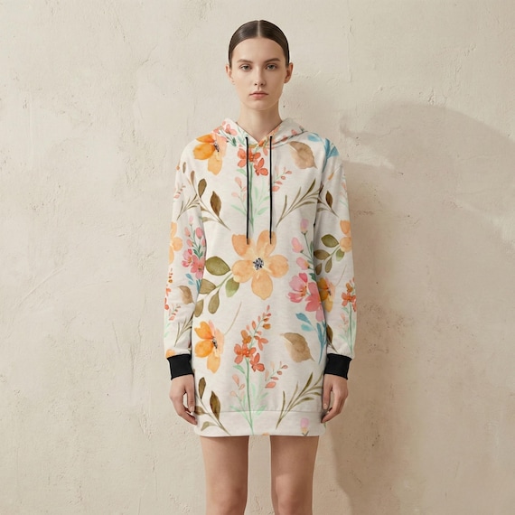 Watercolor Floral Hoodie Dress, Long Sleeve Sweatshirt, Casual Loungewear