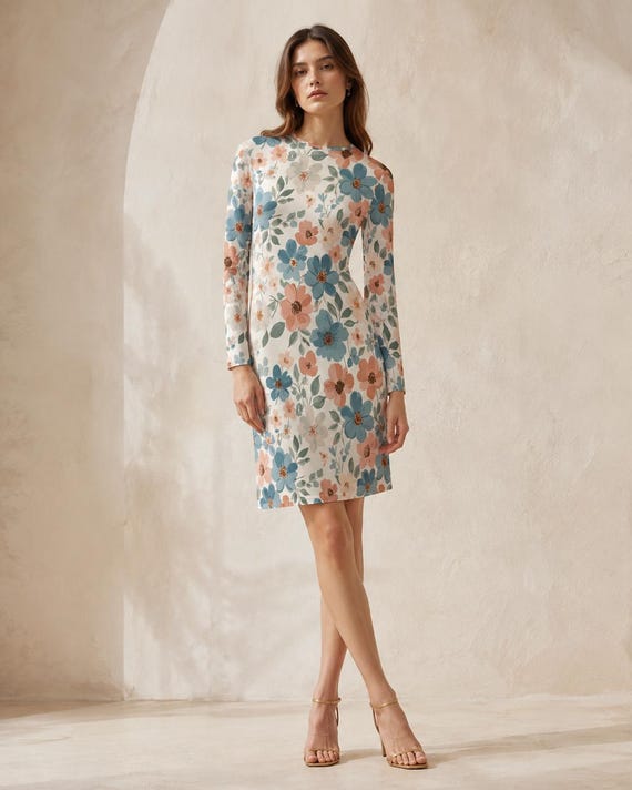Pastel Blue Floral Long Sleeve Mini Dress, Crew Neck A-Line