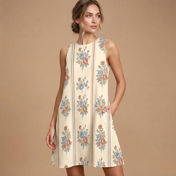 Retro Floral A-Line Mini Dress, Sleeveless Vacation Summer Outfit With Pockets