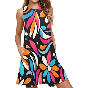 Minivestido floral holgado con bolsillos, sin mangas, estilo retro, ideal para vacaciones de verano. imagen 9