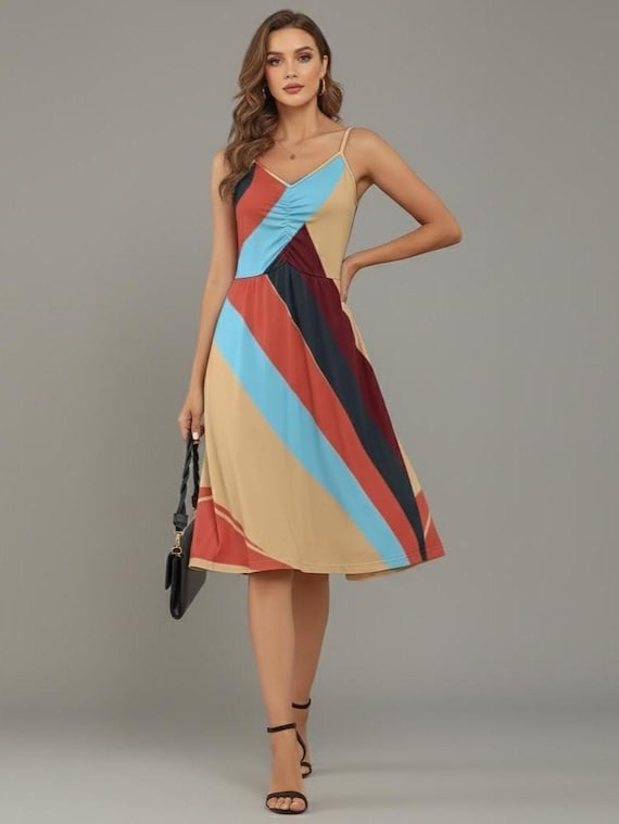 Retro Abstract Color Block Maxi Dress, Artistic Resort Sundress