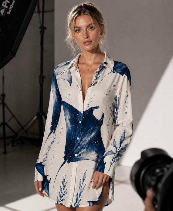 Manta Ray Print Mini Shirt Dress, Coastal Resort Beach Vacation Wear