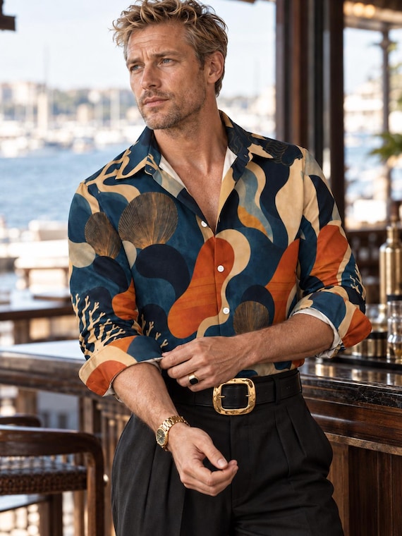 Men's Retro Shirt, Navy Seashell and Coral Print, Long Sleeve 70s Style Button Up