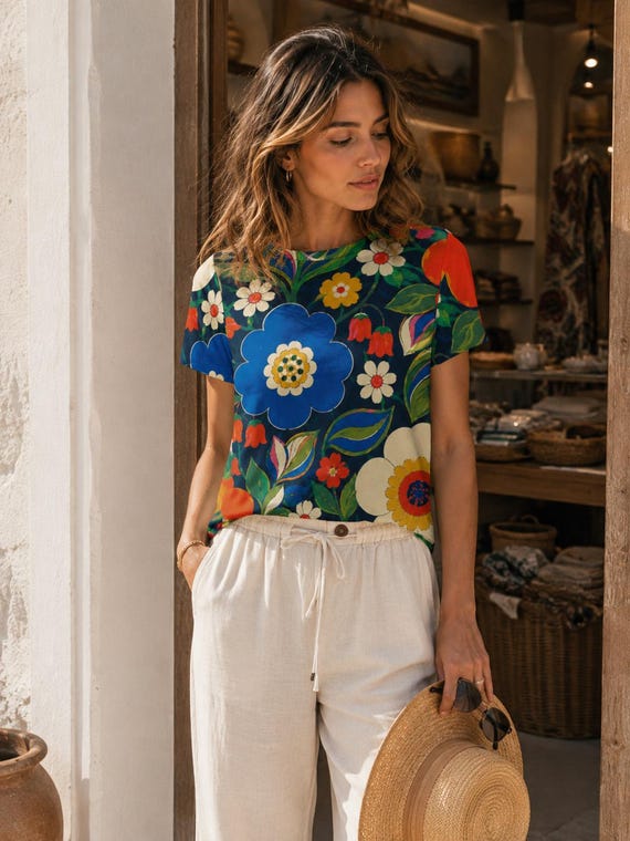 Navy Retro Floral Cotton T-Shirt, Women’s 70s Folk Flower All-Over Print