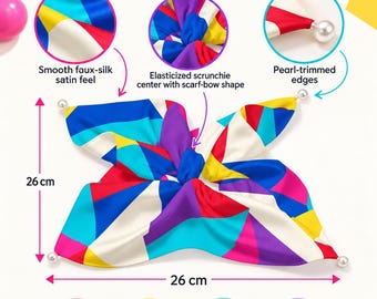 Puede incluir: Un accesorio para el cabello con estampado geométrico multicolor, forma de lazo y centro elástico. La tela tiene un tacto satinado suave, bordes adornados con perlas y mide 26 cm por 26 cm. El material es 97% poliéster y 3% elastano.