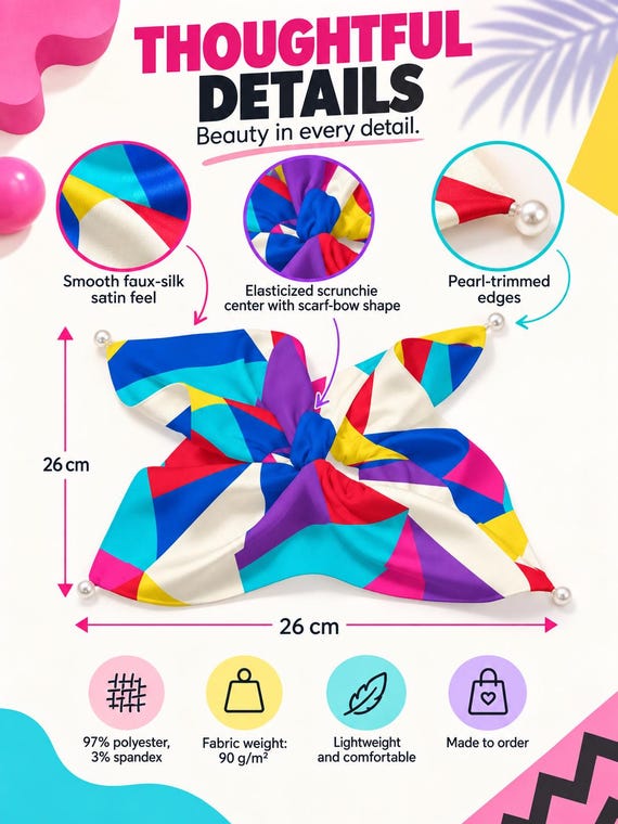 Colorful Geometric Bow Scrunchie, 60s Mod Satin Hair Scarf, Retro Accessory