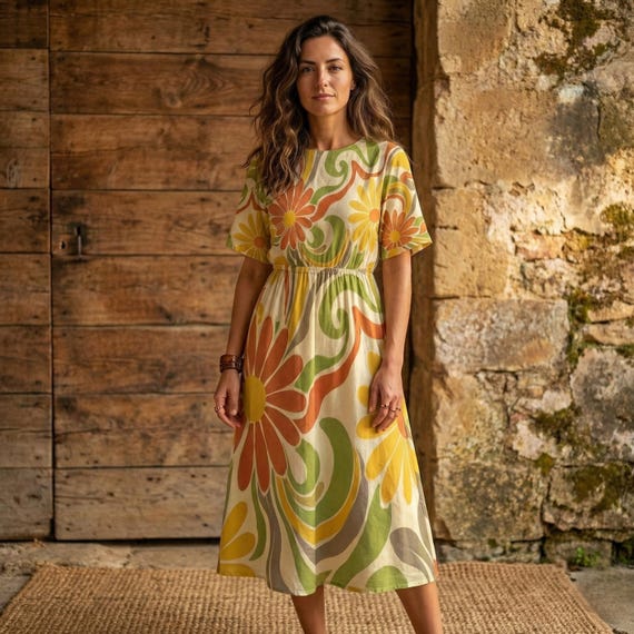 70s Floral Midi Dress, Retro Boho Style