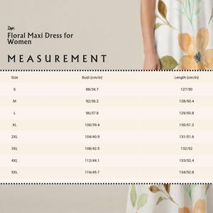 Pode incluir: Vestido maxi floral para mulheres. A imagem mostra uma tabela de medidas com medidas de busto e comprimento em cent&iacute;metros. Os tamanhos variam de S a 5XL.