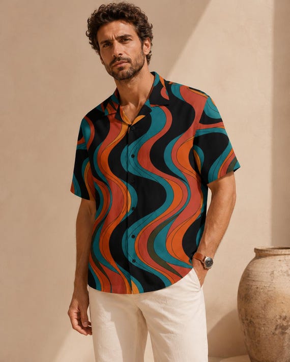 Men's Retro Wave Hawaiian Shirt, 70s Abstract Camp Collar Button Up, Polyester Vacation Shirt