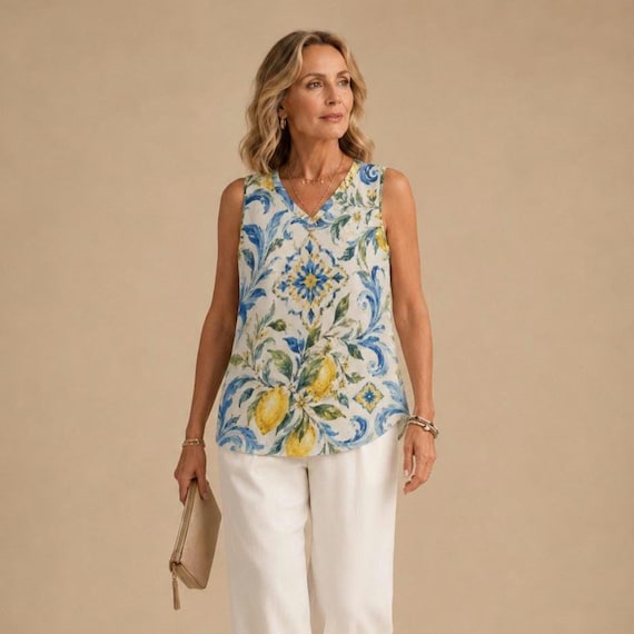 Mediterranean Lemon Print V-Neck Sleeveless Top, Amalfi Coast Inspired Blouse