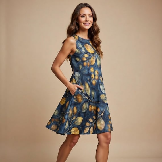 Navy Botanical A-Line Dress, Watercolor Leaf Print Mini, Sleeveless Summer Flowy